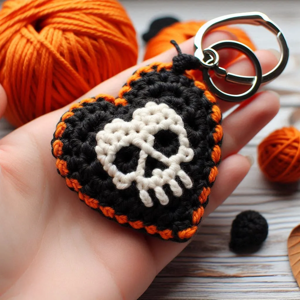 Halloween Crochet Skull Heart Keychain