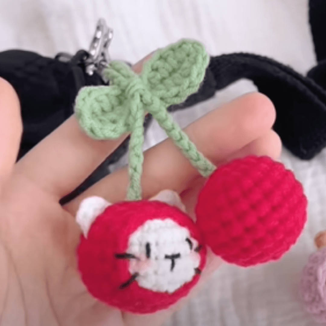 Crochet Cherry Cat Keychain - Old Library